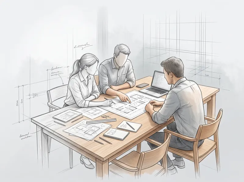 Illustration: Ingenieure und eine Architektin am Tisch, im Gespräch über Pläne und Skizzen