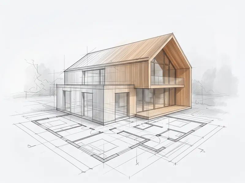 Illustration: ein fotorealistisches CLT-Haus, das aus einem mit Bleistift gezeichneten Grundriss wächst