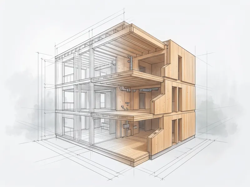 Illustration: 3D-Modell eines mehrgeschossigen Gebäudes, halb als Strichzeichnung, halb mit CLT-Wänden und -Decken