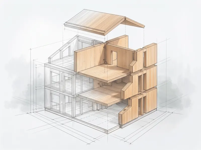 Illustration: zerlegtes 3D-Modell mit einzelnen CLT-Wand-, Decken- und Dachelementen