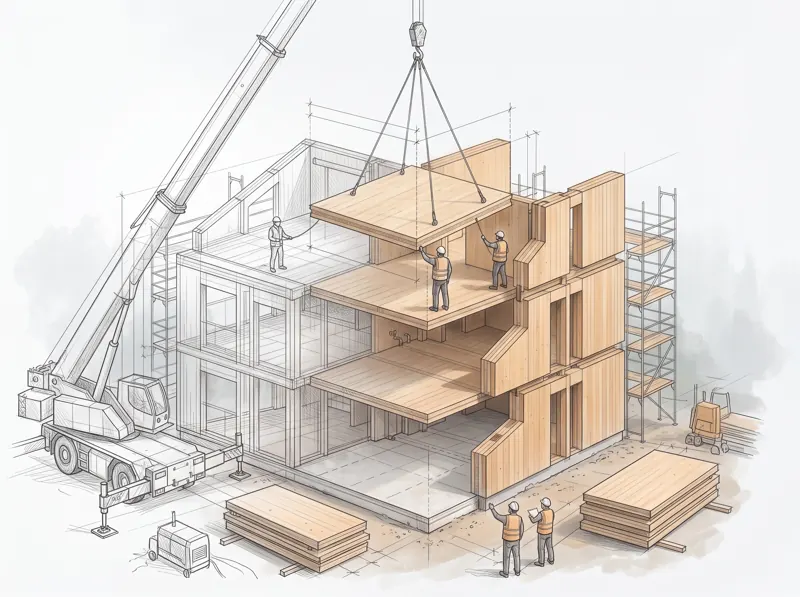 Illustration: ein Kran hebt ein CLT-Element an seinen Platz auf einem entstehenden Holzhaus, mit Masslinien